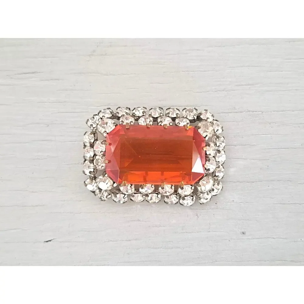 Vintage Orange and Clear Rectangle Statement Brooch